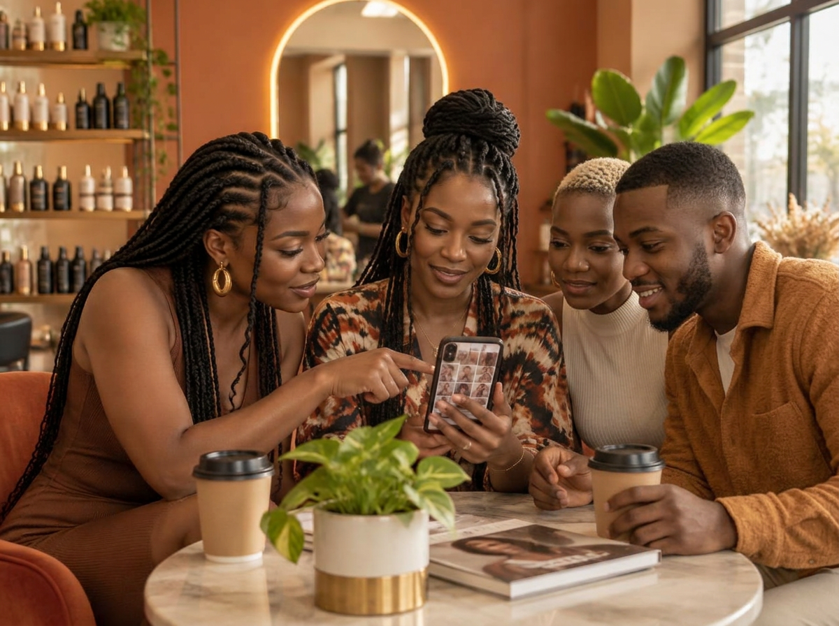 Three women and a man in a Lagos salon comparing beauty and wellness services on a phone